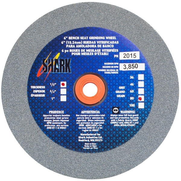 Shark Industries 6-in. x 1/2-in. x 1-in. Bench Seat Grinding Wheel 80 Grit, Aluminum Oxide 2015 - main